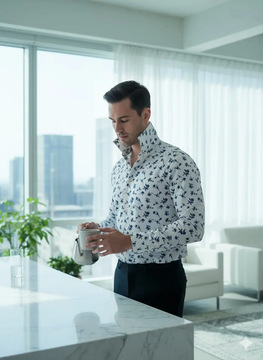 Crisp white base D036 tech-poplin fabric with minimalist navy floral digital print